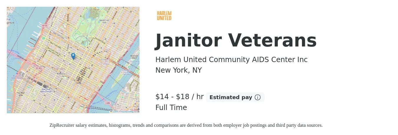 Harlem United Community AIDS Center Inc job posting for a Janitor Veterans in New York, NY with a salary of $15 to $19 Hourly with a map of New York location.