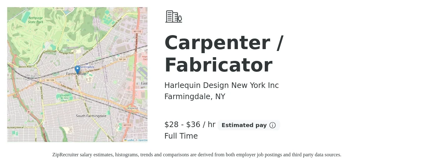 Harlequin Design New York Inc job posting for a Carpenter / Fabricator in Farmingdale, NY with a salary of $30 to $38 Hourly with a map of Farmingdale location.