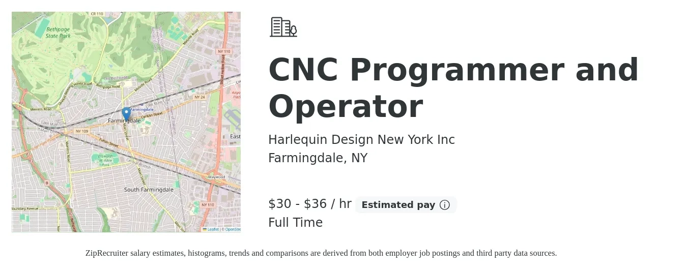 Harlequin Design New York Inc job posting for a CNC Programmer and Operator in Farmingdale, NY with a salary of $32 to $38 Hourly with a map of Farmingdale location.