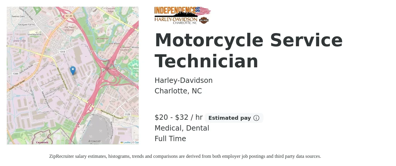 Harley-Davidson job posting for a Motorcycle Service Technician in Charlotte, NC with a salary of $21 to $34 Hourly and benefits including medical, pto, retirement, and dental with a map of Charlotte location.