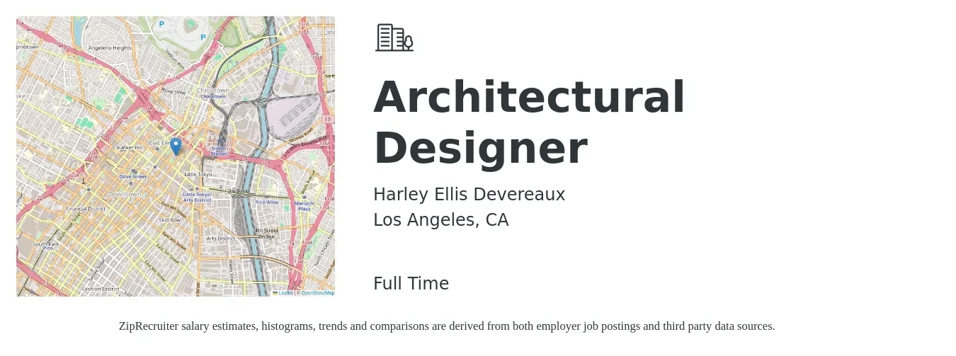 Harley Ellis Devereaux job posting for a Architectural Designer in Los Angeles, CA with a salary of $64,600 to $91,600 Yearly with a map of Los Angeles location.