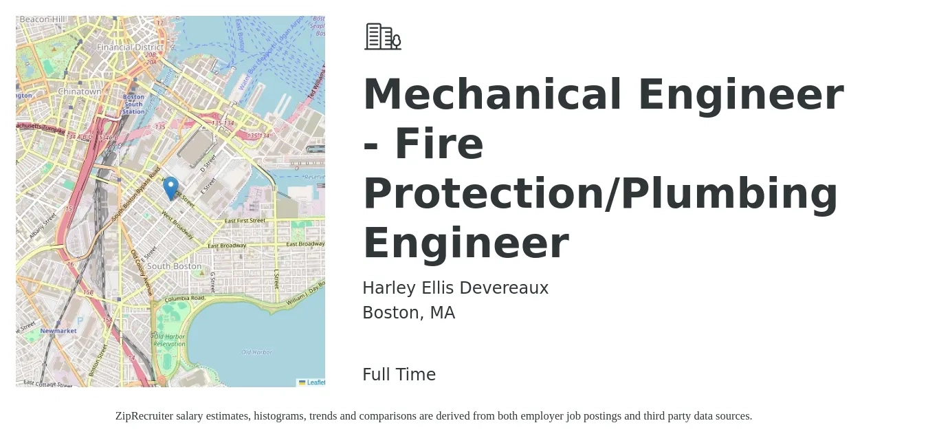 Harley Ellis Devereaux job posting for a Mechanical Engineer - Fire Protection/Plumbing Engineer in Boston, MA with a salary of $88,300 to $137,000 Yearly with a map of Boston location.