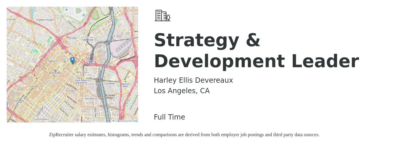 Harley Ellis Devereaux job posting for a Strategy & Development Leader in Los Angeles, CA with a salary of $52,800 to $97,000 Yearly with a map of Los Angeles location.
