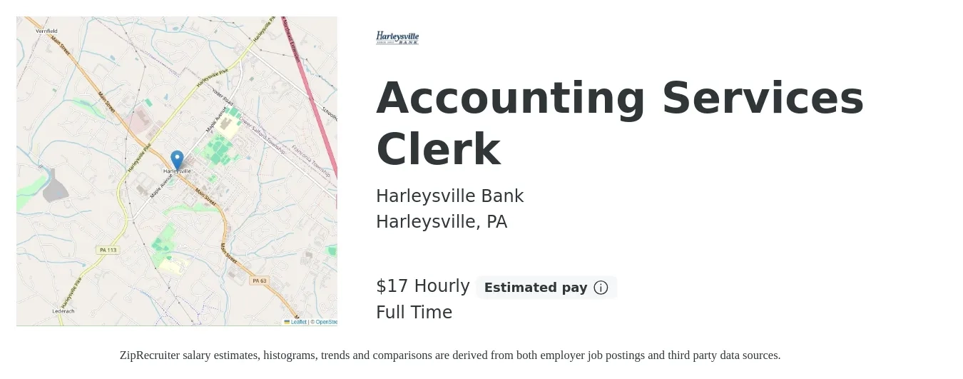 Harleysville Bank job posting for a Accounting Services Clerk in Harleysville, PA with a salary of $18 Hourly with a map of Harleysville location.