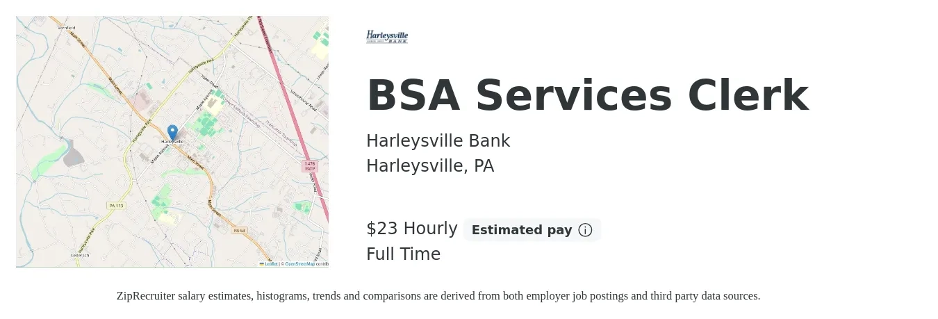 Harleysville Bank job posting for a BSA Services Clerk in Harleysville, PA with a salary of $24 Hourly with a map of Harleysville location.