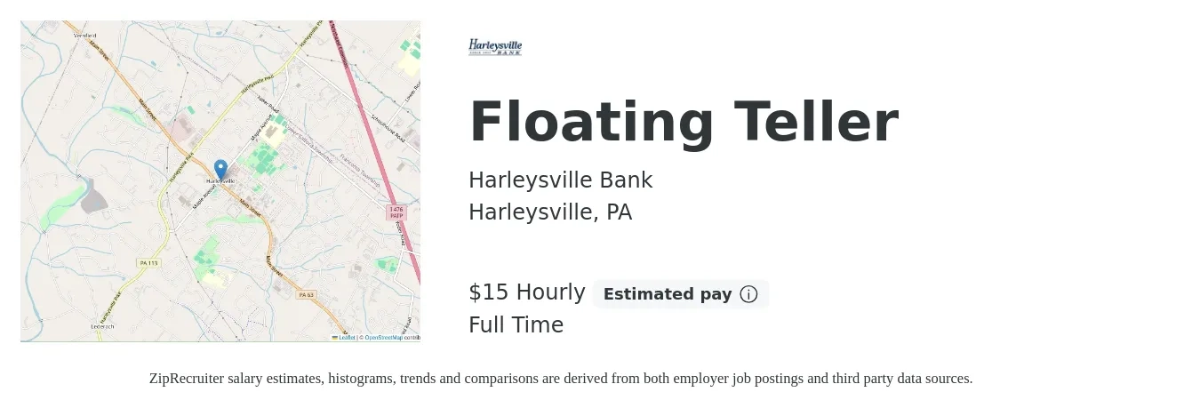 Harleysville Bank job posting for a Floating Teller in Harleysville, PA with a salary of $16 Hourly with a map of Harleysville location.