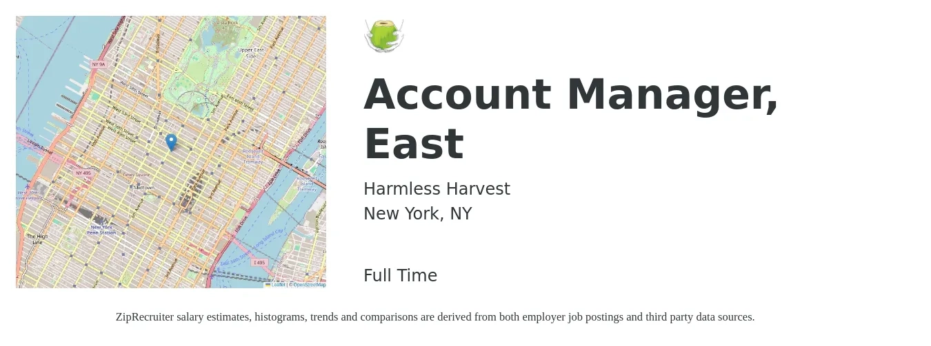 Harmless Harvest job posting for a Account Manager, East in New York, NY with a salary of $83,000 to $89,000 Yearly with a map of New York location.