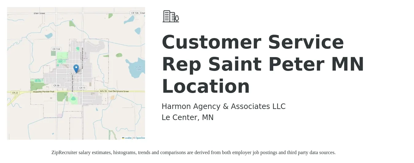 Harmon Agency & Associates LLC job posting for a Customer Service Rep Saint Peter MN Location in Le Center, MN with a salary of $35,000 to $45,000 Yearly with a map of Le Center location.