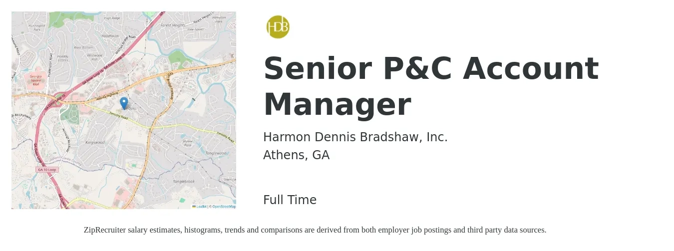 Harmon Dennis Bradshaw, Inc. job posting for a Senior P&C Account Manager in Athens, GA with a salary of $64,900 to $102,100 Yearly with a map of Athens location.