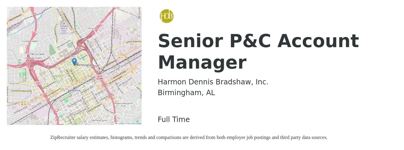 Harmon Dennis Bradshaw, Inc. job posting for a Senior P&C Account Manager in Birmingham, AL with a salary of $72,600 to $114,300 Yearly with a map of Birmingham location.