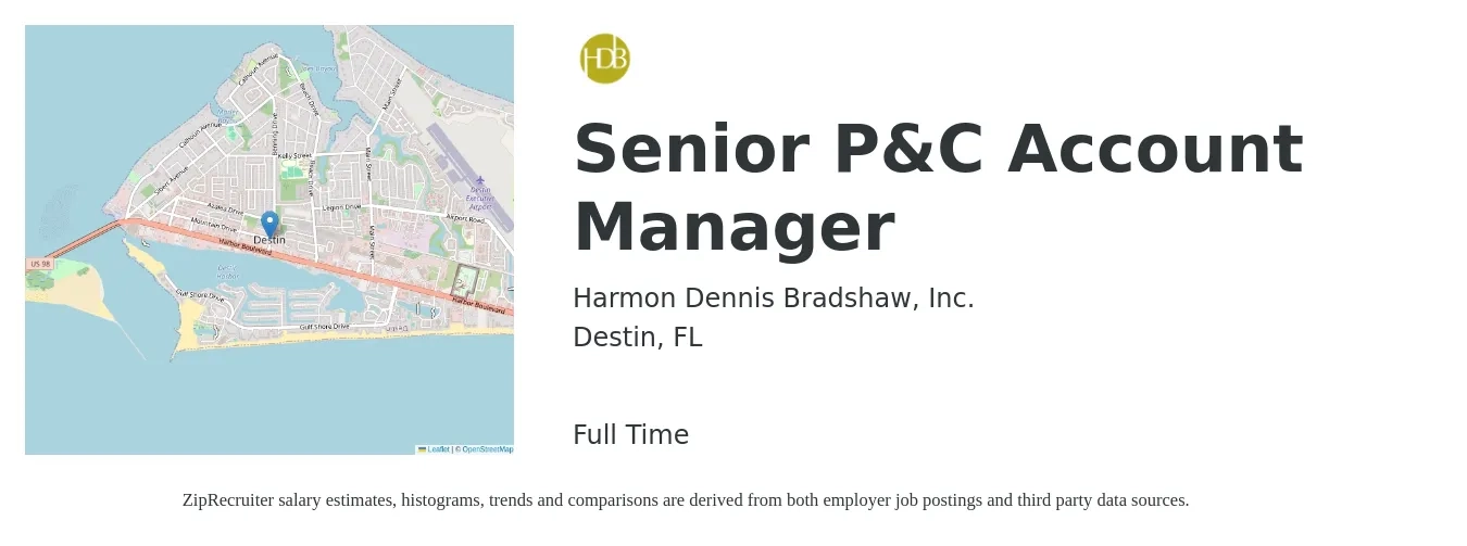 Harmon Dennis Bradshaw, Inc. job posting for a Senior P&C Account Manager in Destin, FL with a salary of $70,300 to $110,700 Yearly with a map of Destin location.