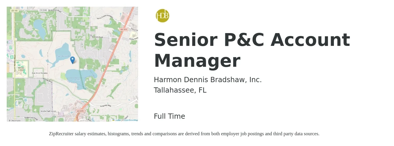 Harmon Dennis Bradshaw, Inc. job posting for a Senior P&C Account Manager in Tallahassee, FL with a salary of $73,600 to $115,900 Yearly with a map of Tallahassee location.