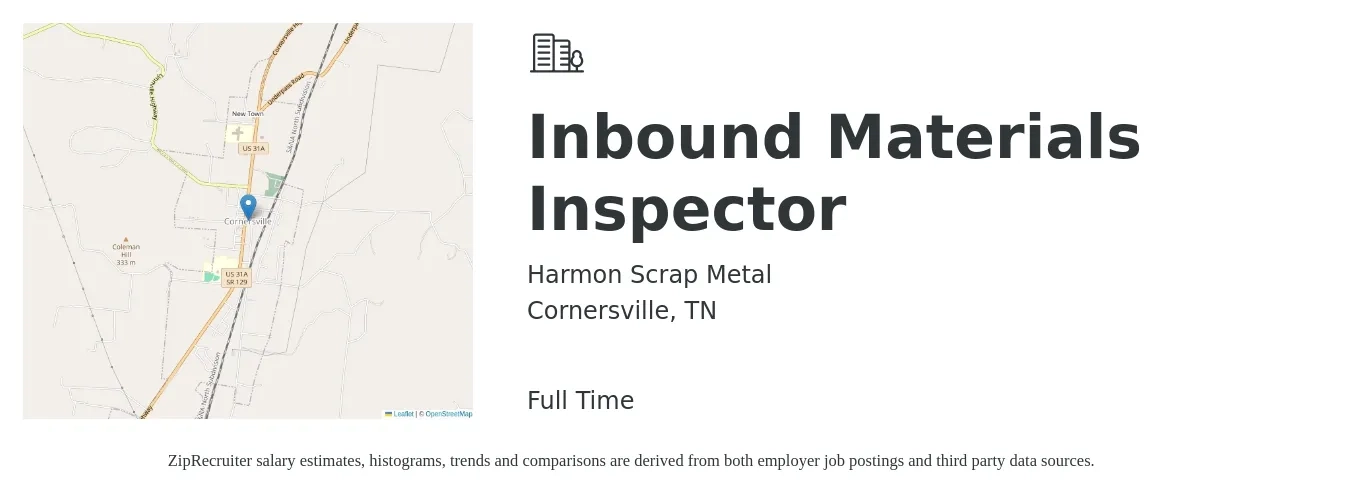 Harmon Scrap Metal job posting for a Inbound Materials Inspector in Cornersville, TN with a salary of $18 to $23 Hourly with a map of Cornersville location.