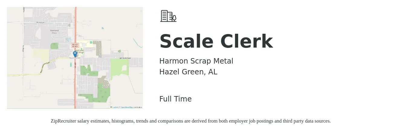 Harmon Scrap Metal job posting for a Scale Clerk in Hazel Green, AL with a salary of $33,200 to $33,700 Yearly with a map of Hazel Green location.