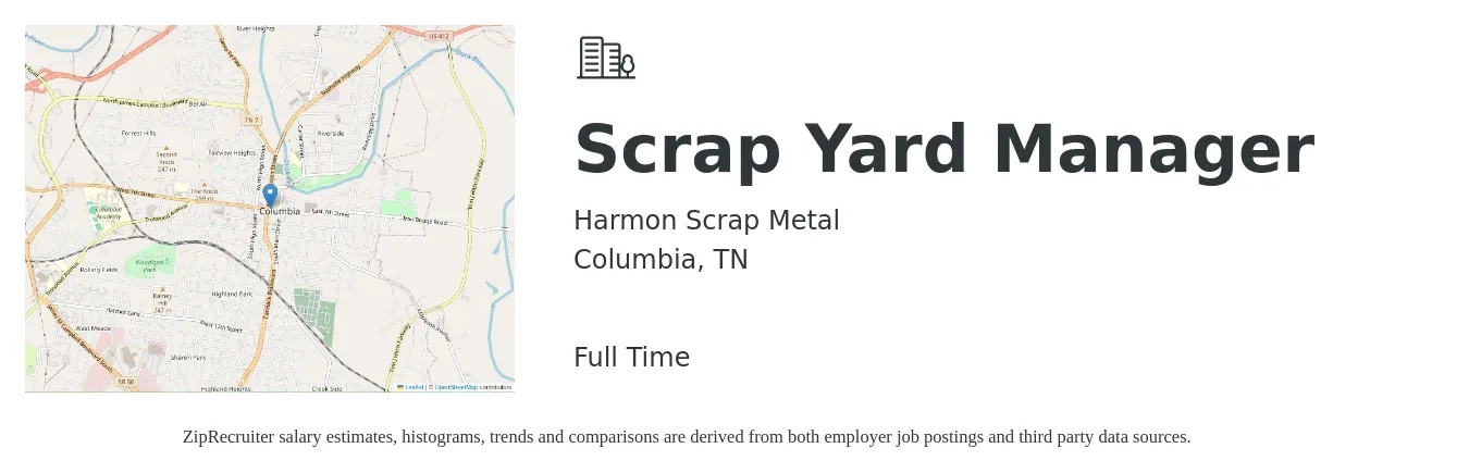 Harmon Scrap Metal job posting for a Scrap Yard Manager in Columbia, TN with a salary of $17 to $28 Hourly with a map of Columbia location.