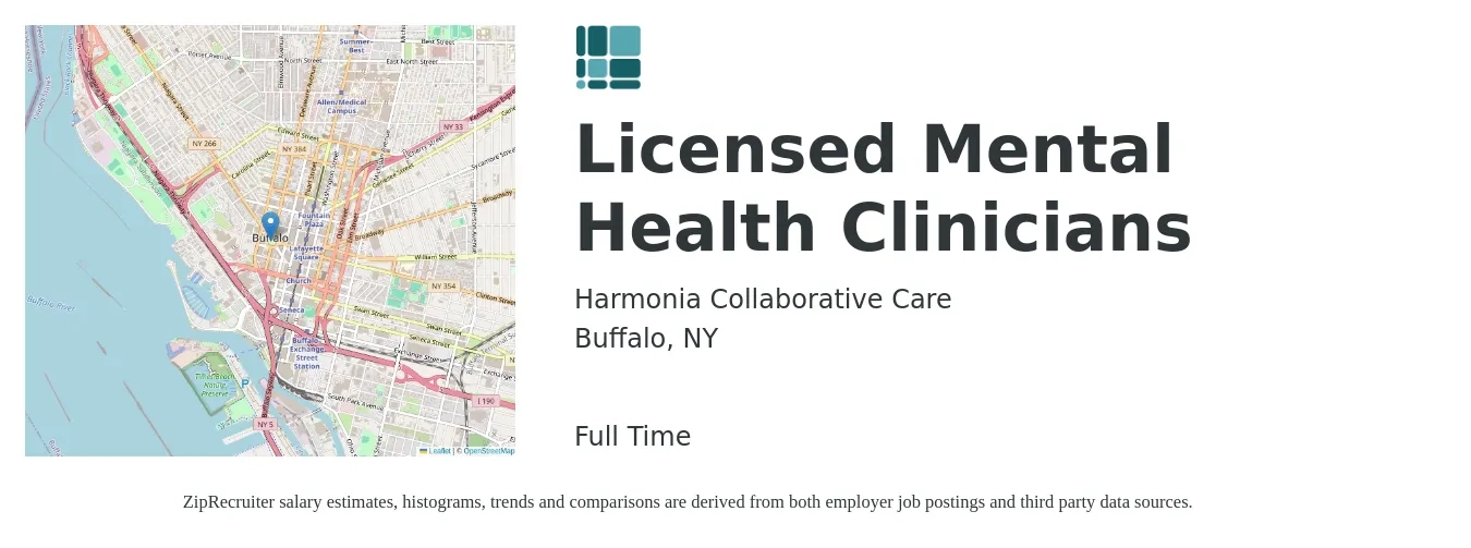 Harmonia Collaborative Care job posting for a Licensed Mental Health Clinicians in Buffalo, NY with a salary of $60,100 to $96,900 Yearly with a map of Buffalo location.