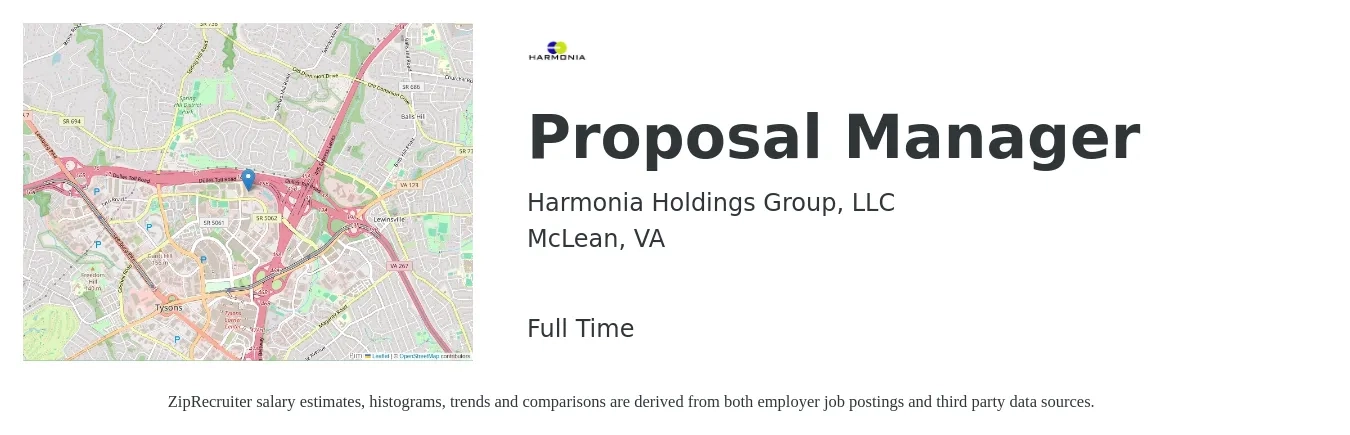 Harmonia Holdings Group, LLC job posting for a Proposal Manager in McLean, VA with a salary of $81,400 to $119,300 Yearly with a map of McLean location.