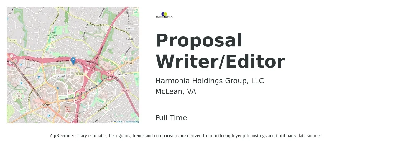 Harmonia Holdings Group, LLC job posting for a Proposal Writer/Editor in McLean, VA with a salary of $64,200 to $91,500 Yearly with a map of McLean location.