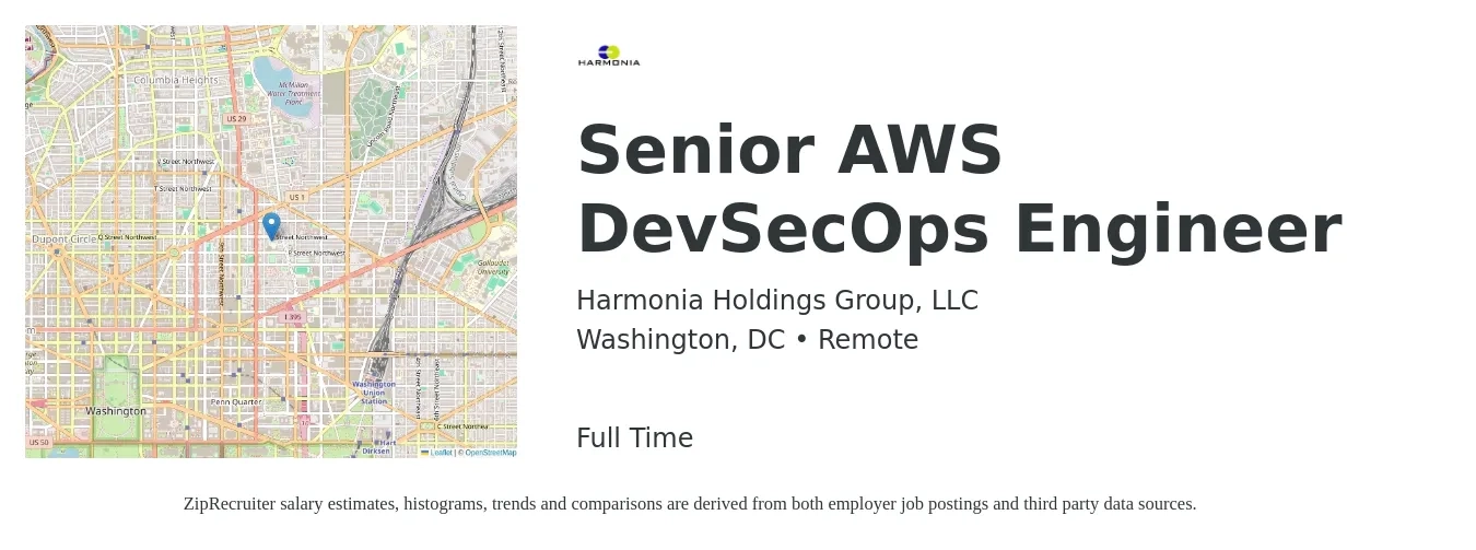 Harmonia Holdings Group, LLC job posting for a Senior AWS DevSecOps Engineer in Washington, DC with a salary of $147,200 to $189,100 Yearly with a map of Washington location.
