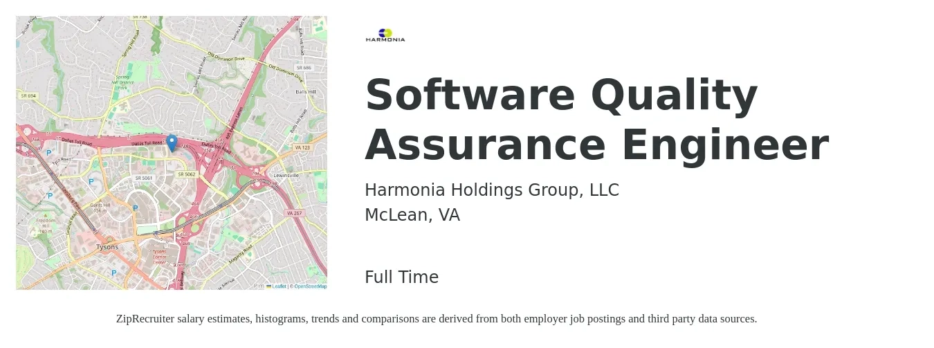 Harmonia Holdings Group, LLC job posting for a Software Quality Assurance Engineer in McLean, VA with a salary of $40 to $58 Hourly with a map of McLean location.