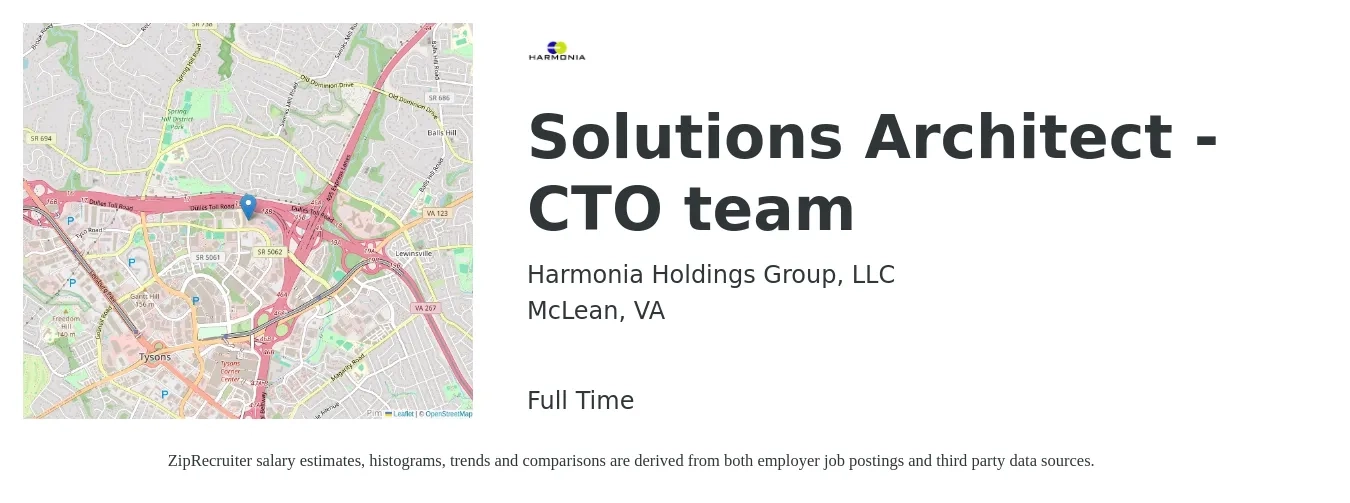Harmonia Holdings Group, LLC job posting for a Solutions Architect - CTO team in McLean, VA with a salary of $64 to $84 Hourly with a map of McLean location.