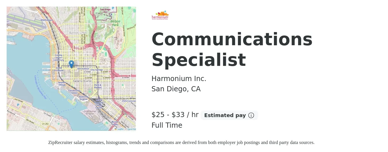 Harmonium Inc. job posting for a Communications Specialist in San Diego, CA with a salary of $27 to $35 Hourly with a map of San Diego location.