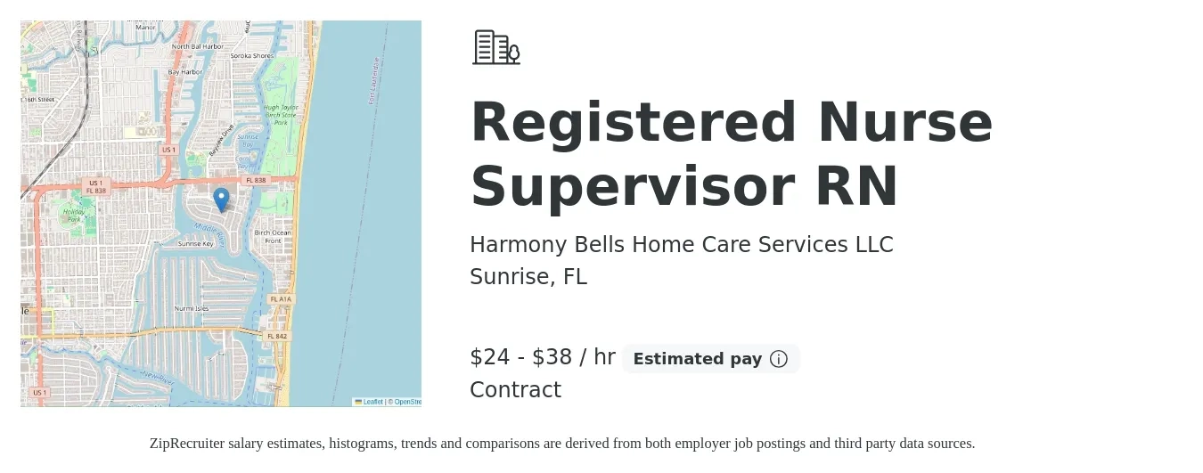 Harmony Bells Home Care Services LLC job posting for a Registered Nurse Supervisor RN in Sunrise, FL with a salary of $25 to $40 Hourly with a map of Sunrise location.
