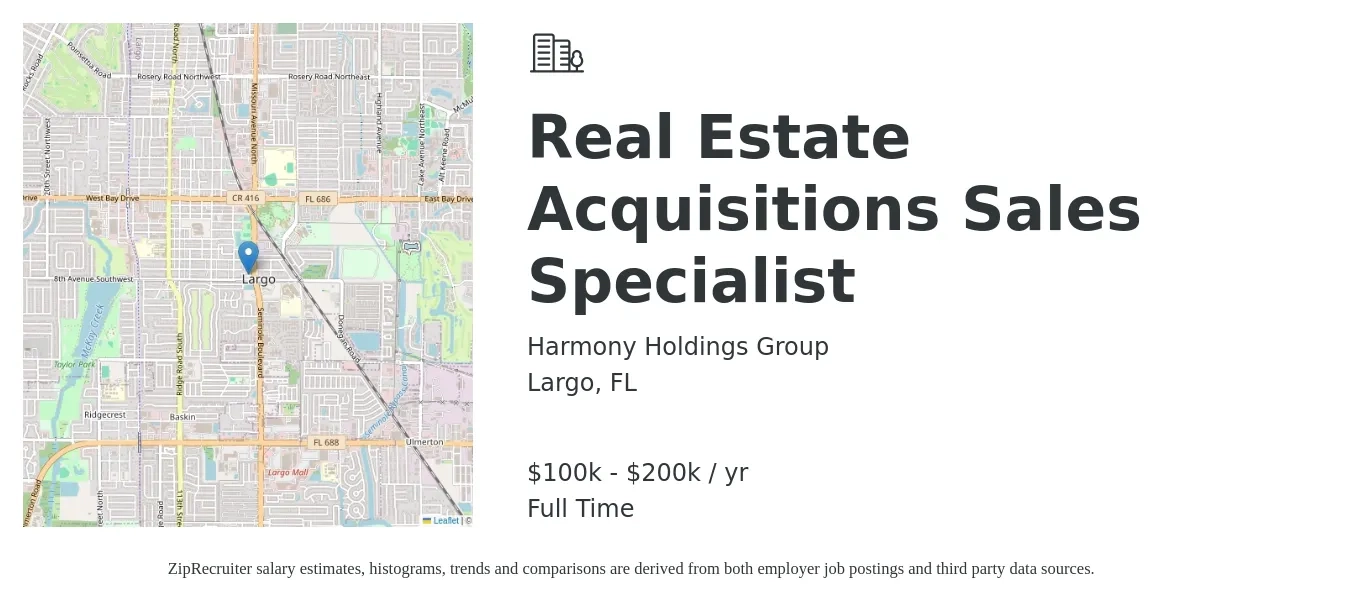 Harmony Holdings Group job posting for a Real Estate Acquisitions Sales Specialist in Largo, FL with a salary of $100,000 to $200,000 Yearly with a map of Largo location.
