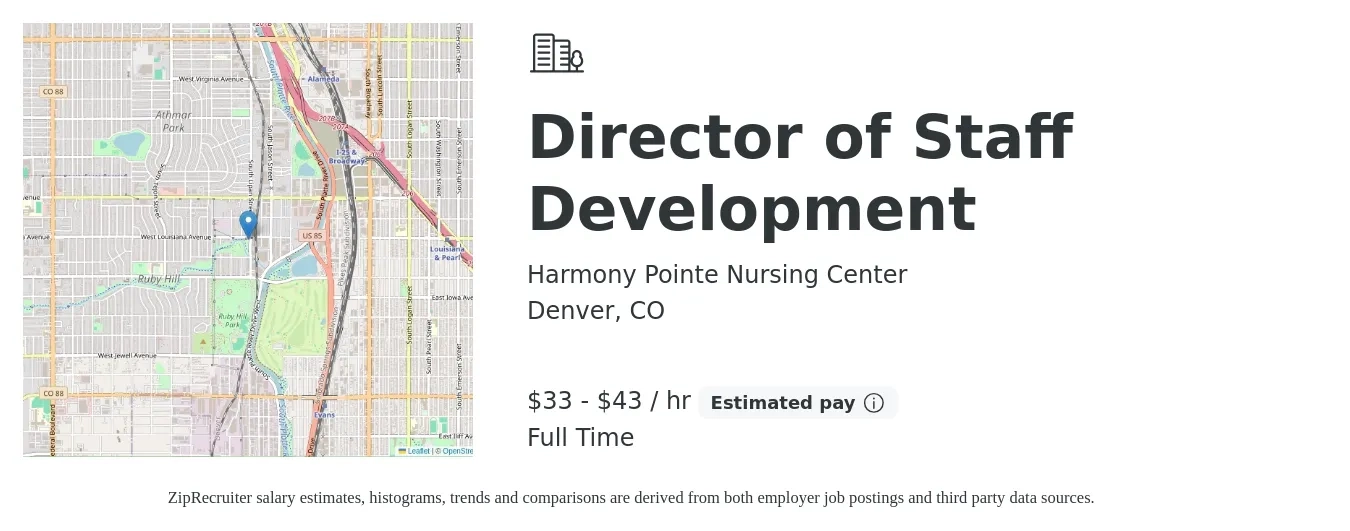 Harmony Pointe Nursing Center job posting for a Director of Staff Development in Denver, CO with a salary of $35 to $45 Hourly with a map of Denver location.