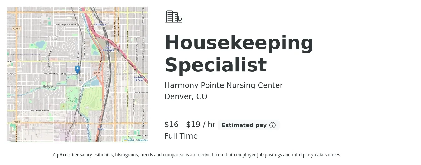 Harmony Pointe Nursing Center job posting for a Housekeeping Specialist in Denver, CO with a salary of $17 to $20 Hourly with a map of Denver location.