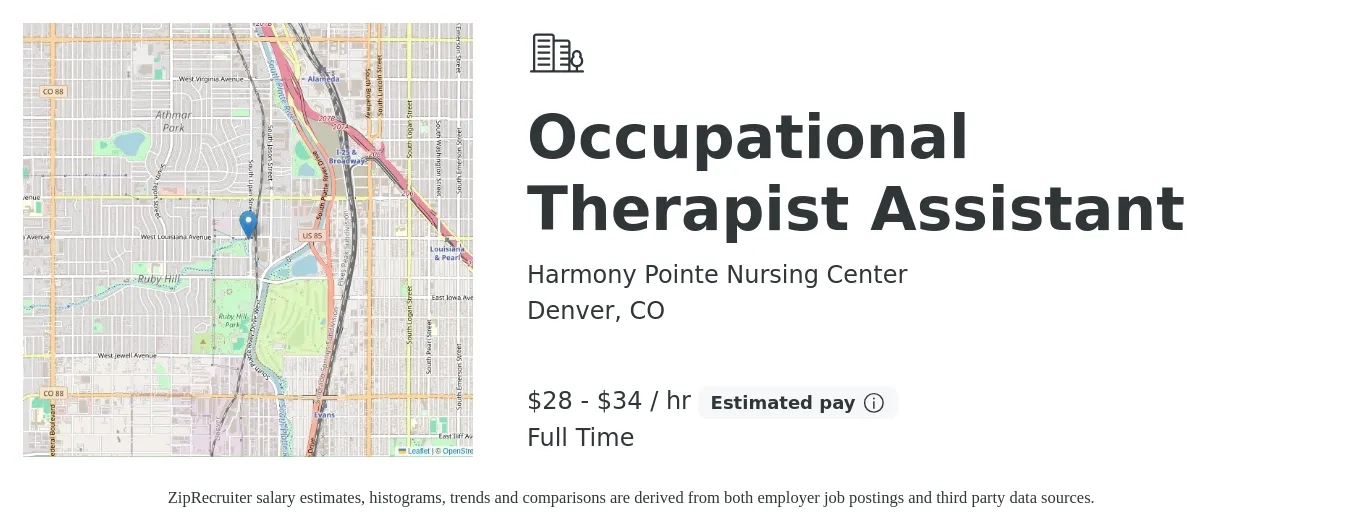 Harmony Pointe Nursing Center job posting for a Occupational Therapist Assistant in Denver, CO with a salary of $30 to $36 Hourly with a map of Denver location.