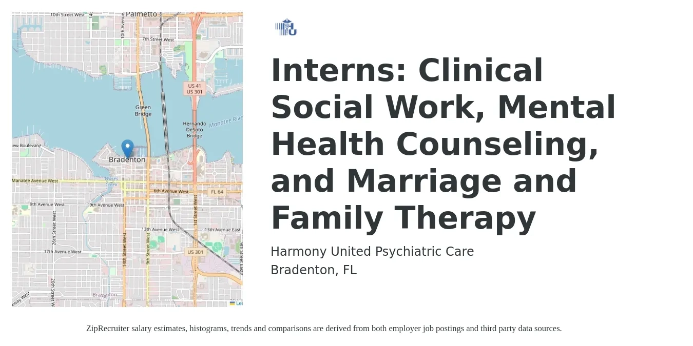 Harmony United Psychiatric Care job posting for a Interns: Clinical Social Work, Mental Health Counseling, and Marriage and Family Therapy in Bradenton, FL with a salary of $65,300 to $101,500 Yearly with a map of Bradenton location.