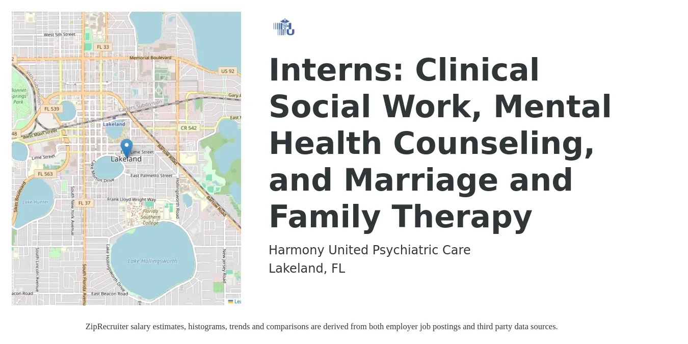 Harmony United Psychiatric Care job posting for a Interns: Clinical Social Work, Mental Health Counseling, and Marriage and Family Therapy in Lakeland, FL with a salary of $66,600 to $103,700 Yearly with a map of Lakeland location.