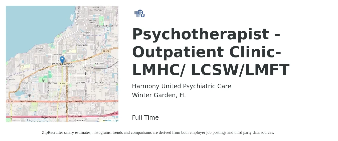 Harmony United Psychiatric Care job posting for a Psychotherapist -Outpatient Clinic- LMHC/ LCSW/LMFT in Winter Garden, FL with a salary of $75,000 Yearly with a map of Winter Garden location.