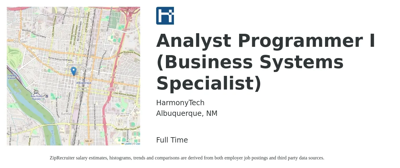 HarmonyTech job posting for a Analyst Programmer I (Business Systems Specialist) in Albuquerque, NM with a salary of $34 to $53 Hourly with a map of Albuquerque location.