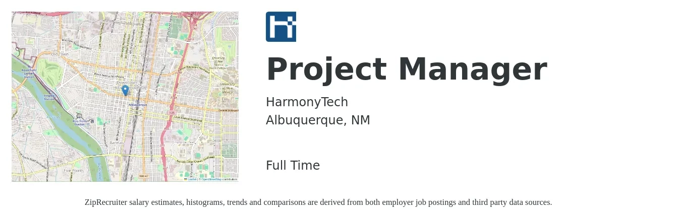 HarmonyTech job posting for a Project Manager in Albuquerque, NM with a salary of $71,600 to $112,300 Yearly with a map of Albuquerque location.