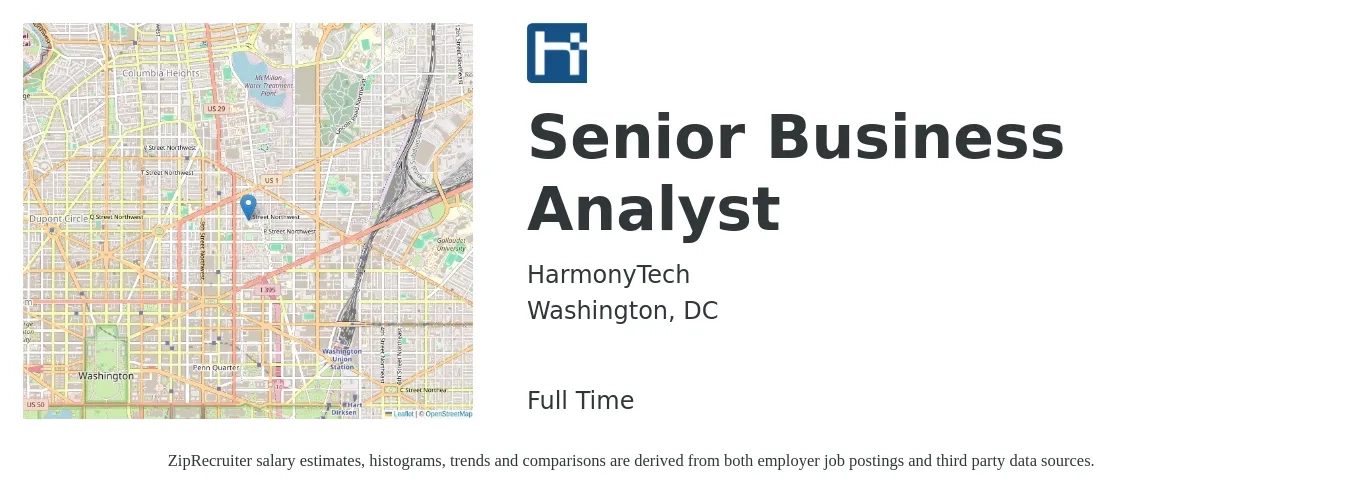 HarmonyTech job posting for a Senior Business Analyst in Washington, DC with a salary of $104,400 to $134,800 Yearly with a map of Washington location.