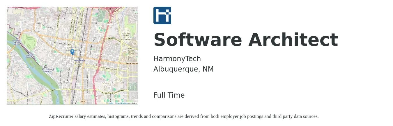 HarmonyTech job posting for a Software Architect in Albuquerque, NM with a salary of $129,200 to $187,100 Yearly with a map of Albuquerque location.