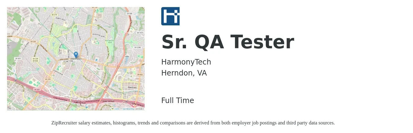 HarmonyTech job posting for a Sr. QA Tester in Herndon, VA with a salary of $45 to $60 Hourly with a map of Herndon location.