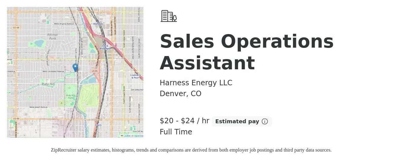 Harness Energy LLC job posting for a Sales Operations Assistant in Denver, CO with a salary of $21 to $25 Hourly with a map of Denver location.