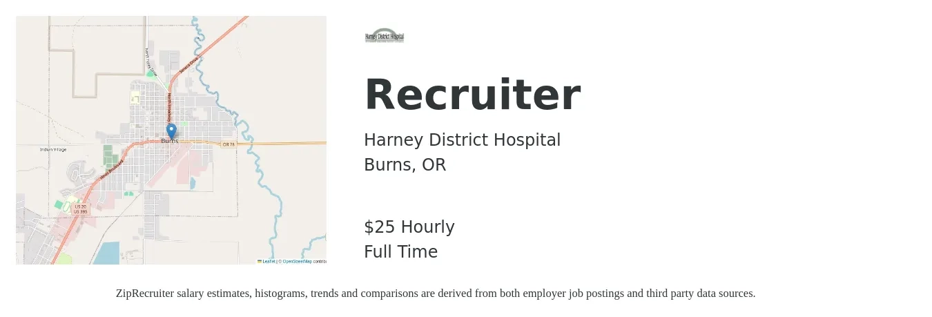 Harney District Hospital job posting for a Recruiter in Burns, OR with a salary of $27 Hourly with a map of Burns location.