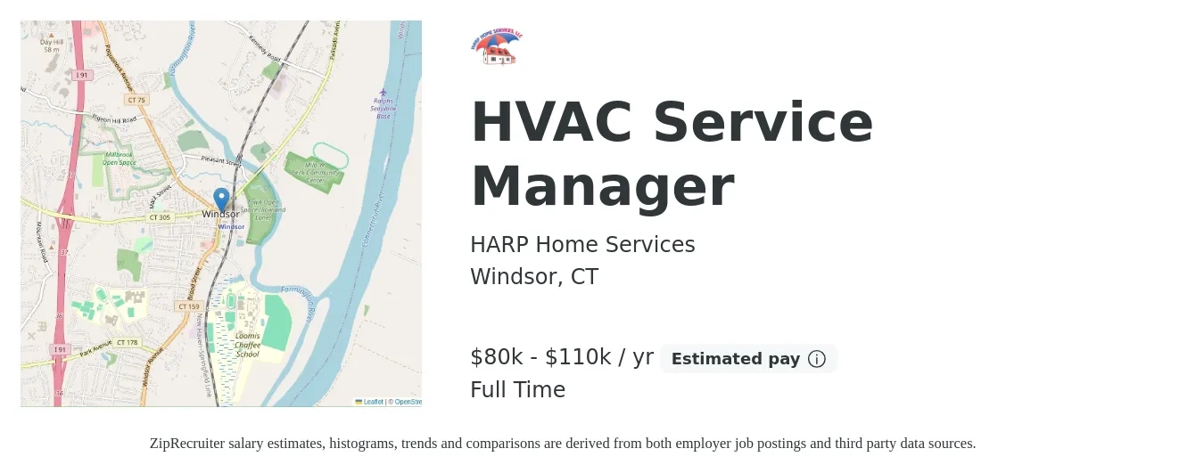 HARP Home Services job posting for a HVAC Service Manager in Windsor, CT with a salary of $80,000 to $110,000 Yearly with a map of Windsor location.