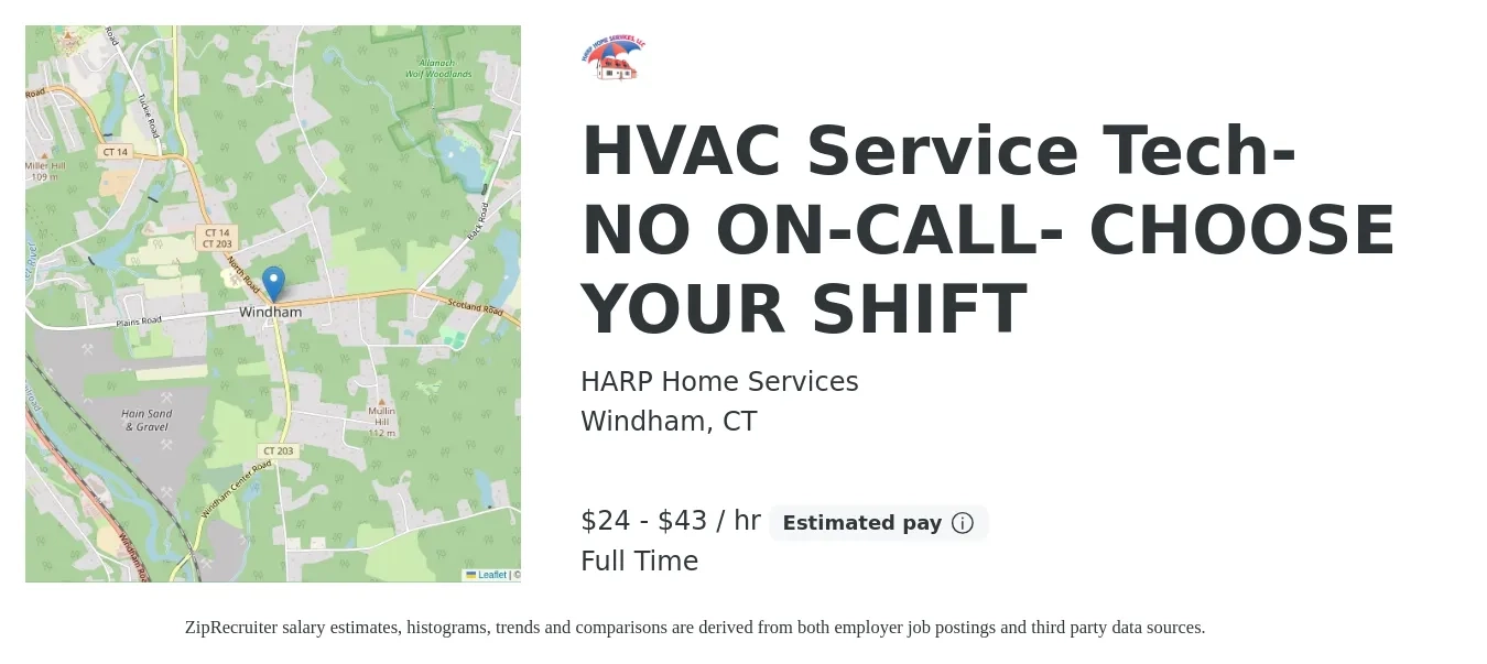 HARP Home Services job posting for a HVAC Service Tech- NO ON-CALL- CHOOSE YOUR SHIFT in Windham, CT with a salary of $48 Hourly with a map of Windham location.