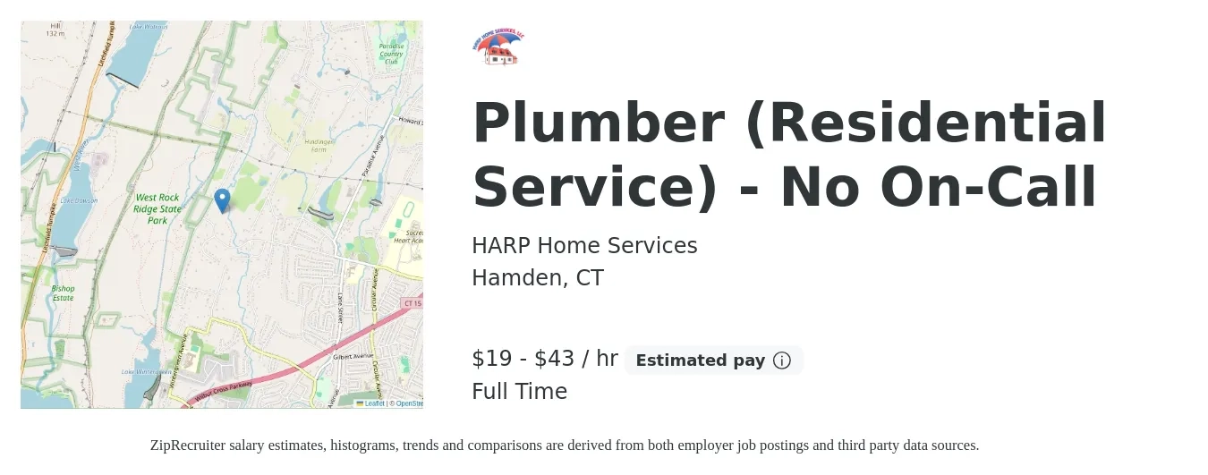 HARP Home Services job posting for a Plumber (Residential Service) - No On-Call in Hamden, CT with a salary of $20 to $45 Hourly with a map of Hamden location.