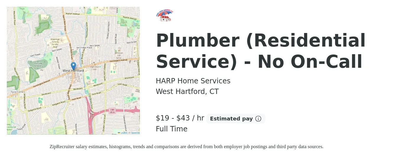 HARP Home Services job posting for a Plumber (Residential Service) - No On-Call in West Hartford, CT with a salary of $20 to $45 Hourly with a map of West Hartford location.