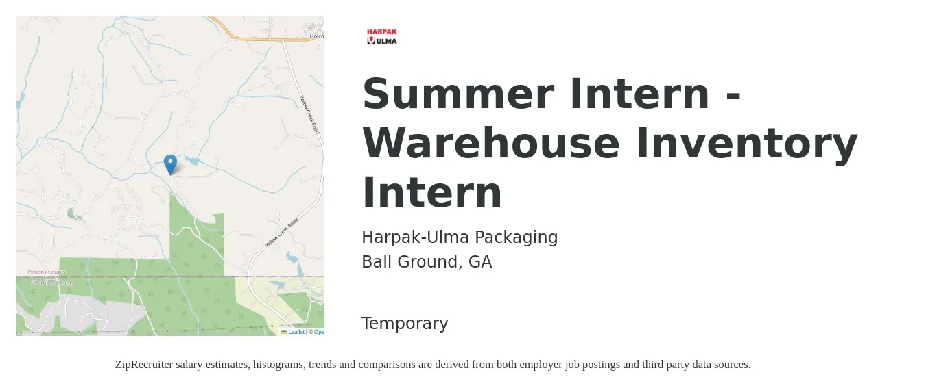 Harpak-Ulma Packaging job posting for a Summer Intern - Warehouse Inventory Intern in Ball Ground, GA with a salary of $14 to $19 Hourly with a map of Ball Ground location.