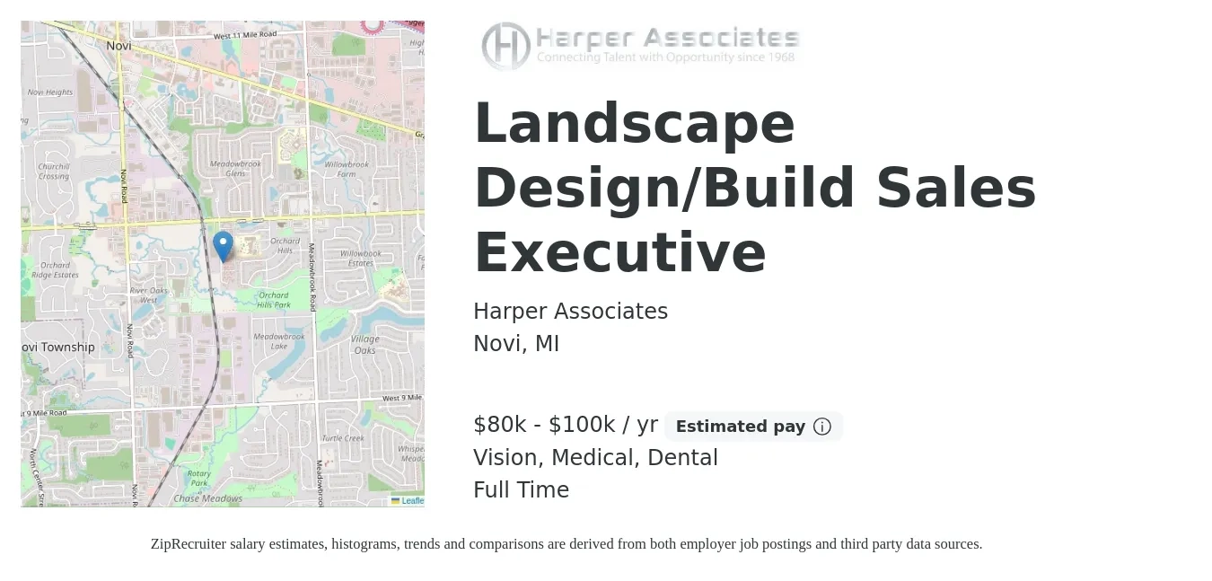 Harper Associates job posting for a Landscape Design/Build Sales Executive in Novi, MI with a salary of $80,000 to $100,000 Yearly (plus commission) and benefits including dental, life_insurance, medical, pto, and vision with a map of Novi location.