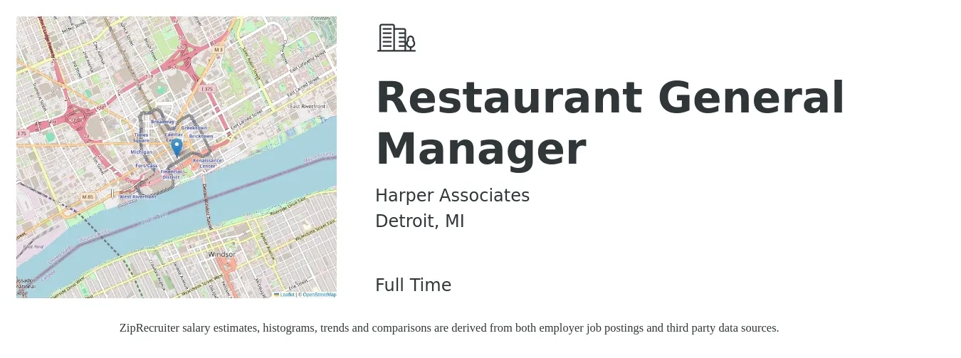 Harper Associates job posting for a Restaurant General Manager in Detroit, MI with a salary of $65,000 to $75,000 Yearly and benefits including dental, life_insurance, medical, and pto with a map of Detroit location.