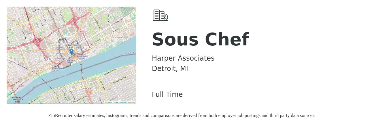 Harper Associates job posting for a Sous Chef in Detroit, MI with a salary of $58,000 Yearly with a map of Detroit location.