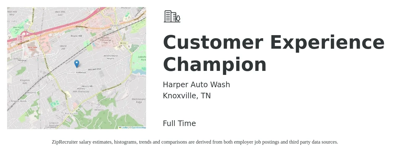 Harper Auto Wash job posting for a Customer Experience Champion in Knoxville, TN with a salary of $39,100 to $66,800 Yearly with a map of Knoxville location.